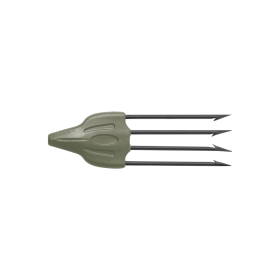 Fiocina prodotta da Salvimar con 4 punte originali Mustad e base in nylon di colore grigio. Vista dall'alto